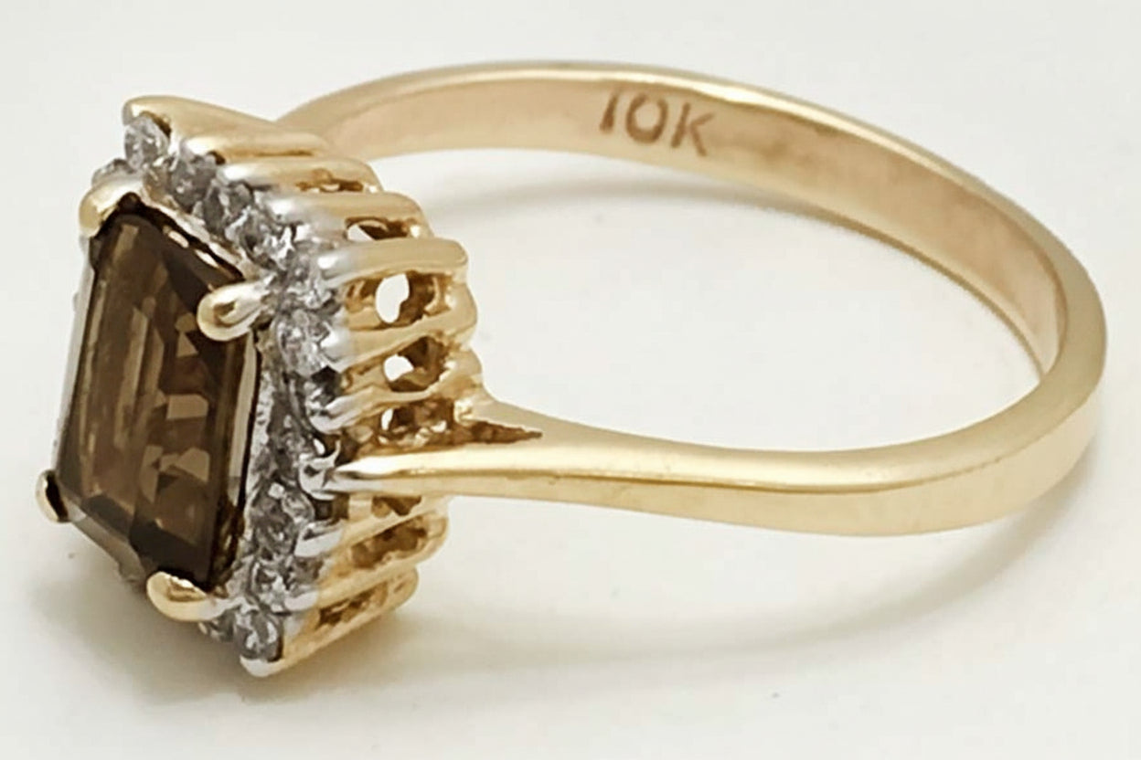 Genuine 0.85 Carats SMOKY TOPAZ & WHITE SAPPHIRE 10k Gold Ring image 2