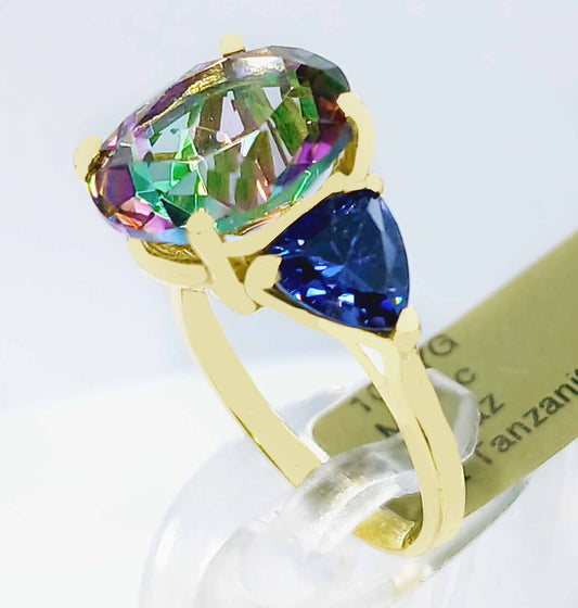 LAB CREATED MYSTIC TOPAZ 7.21 Ct & TANZANITE RING 10k SOLID GOLD - Made in USA image 0