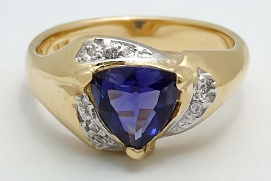Genuine 1.30 Cts Iolite & Diamonds 14k YG Ring image 1