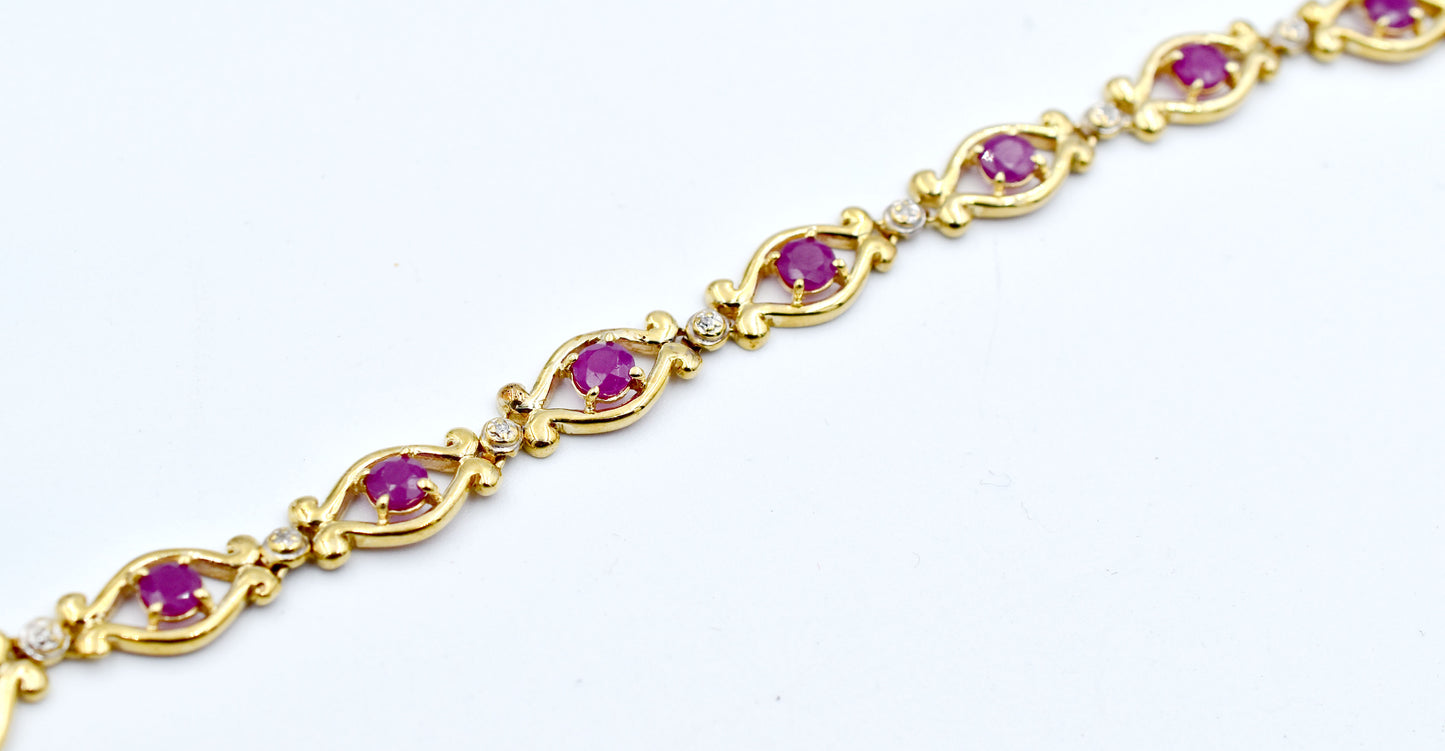GENUINE 1.44 Cts RUBY & DIAMOND BRACELET 10k YELLOW GOLD image 2