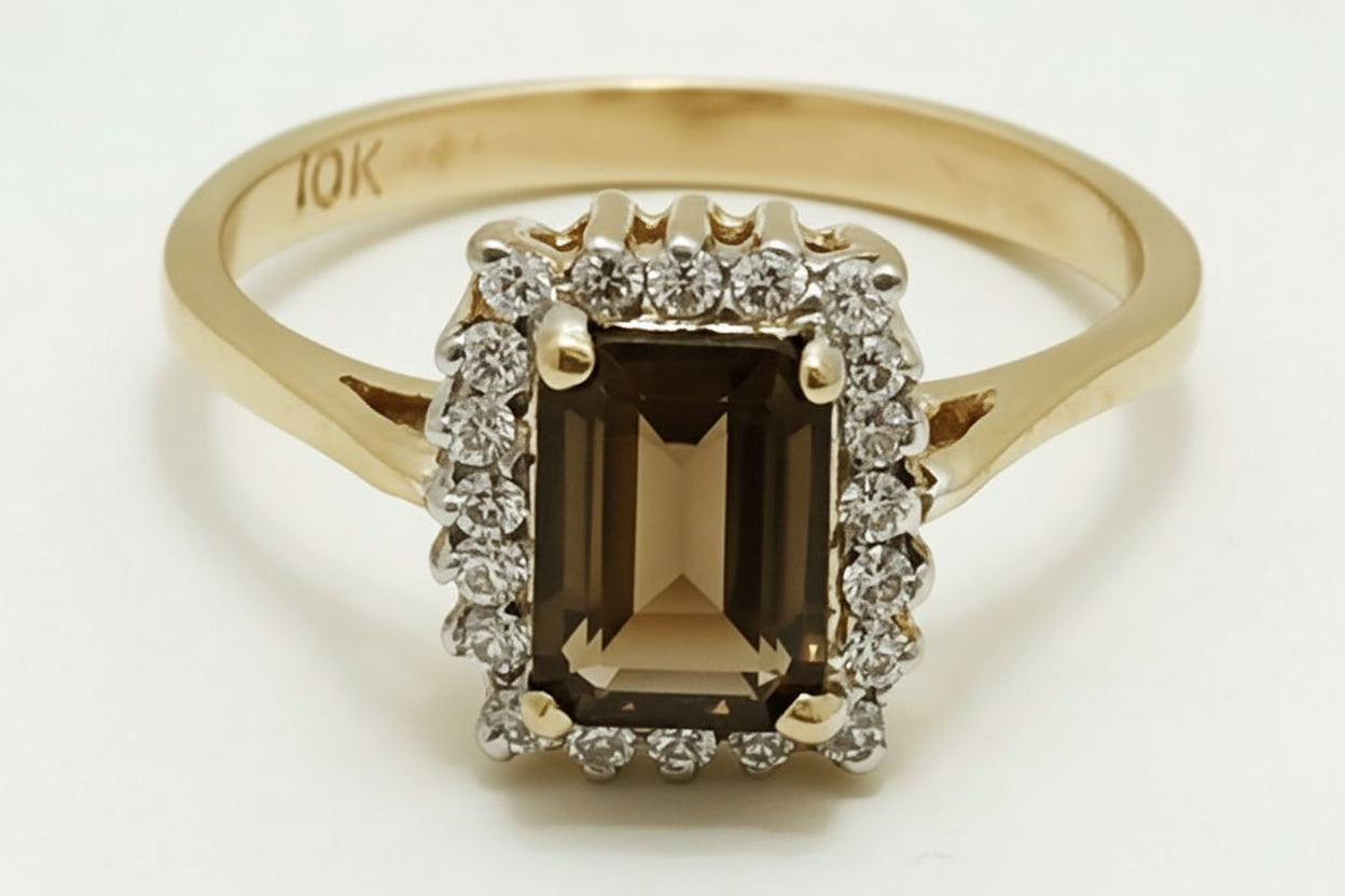 Genuine 0.85 Carats SMOKY TOPAZ & WHITE SAPPHIRE 10k Gold Ring image 0