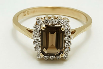 Genuine 0.85 Carats SMOKY TOPAZ & WHITE SAPPHIRE 10k Gold Ring image 0