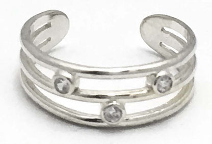 THREE ROW WHITE SAPPHIRES White Gold TOE RING 14k image 0