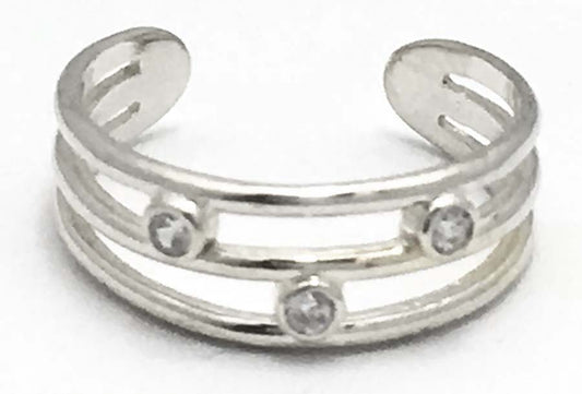 THREE ROW WHITE SAPPHIRES White Gold TOE RING 14k image 0