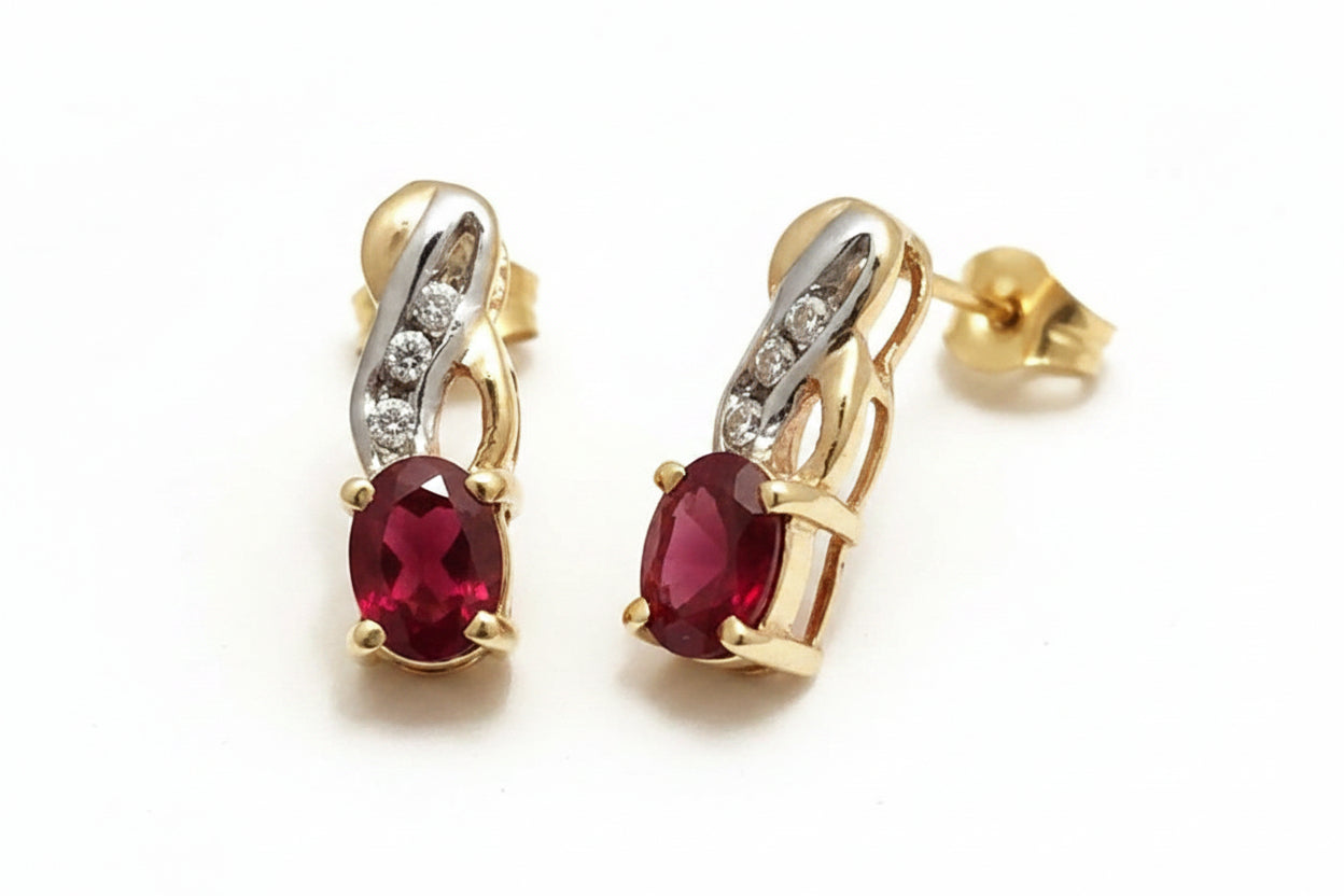 Natural 0.90 Carats RUBIES & DIAMONDS 14k Yellow Gold Earrings image 1
