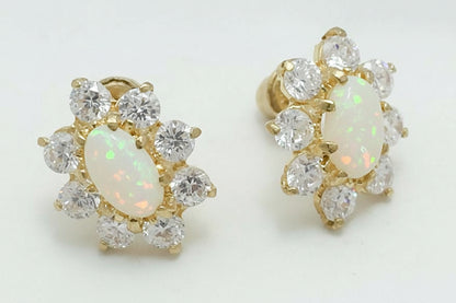 Genuine Australian OPALS & WHITE SAPPHIRE 14k Yellow Gold Screw Backs Earrings image 0