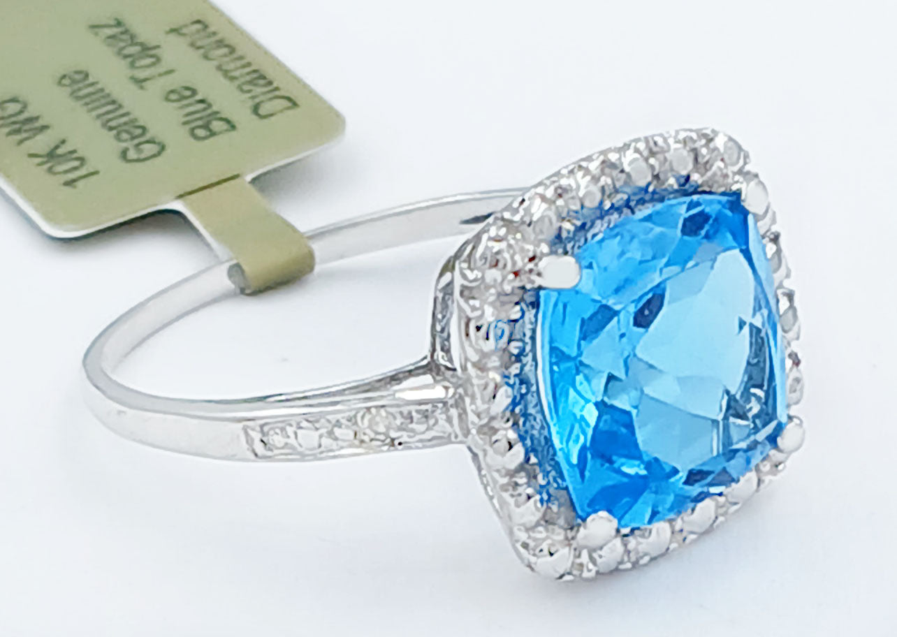 GENUINE 4.38 Cts BLUE TOPAZ & DIAMONDS RING 10K GOLD image 4