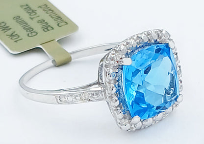 GENUINE 4.38 Cts BLUE TOPAZ & DIAMONDS RING 10K GOLD image 4