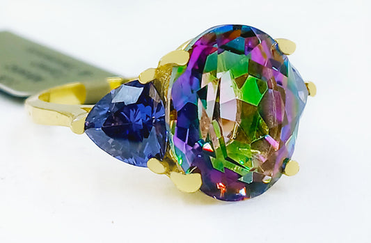 LAB CREATED MYSTIC TOPAZ 7.21 Ct & TANZANITE RING 10k SOLID GOLD - Made in USA image 1