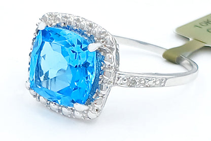 GENUINE 4.38 Cts BLUE TOPAZ & DIAMONDS RING 10K GOLD image 5