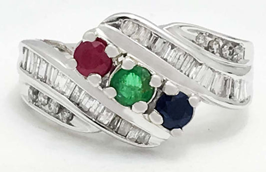 Natural Ruby, Blue Sapphire, Emerald & Diamonds 10k Ring image 0