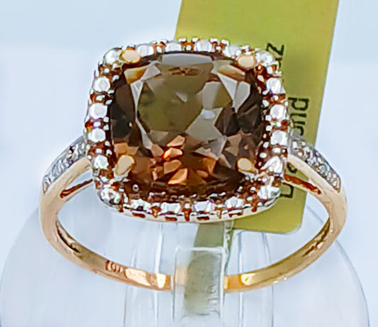 GENUINE 3.40 Cts SMOKY TOPAZ & DIAMOND RING 10k YELLOW GOLD image 1