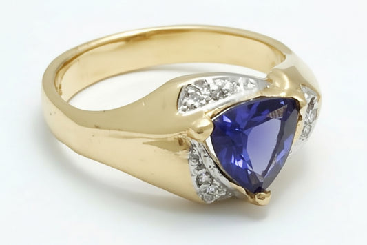 Genuine 1.30 Cts Iolite & Diamonds 14k YG Ring image 0