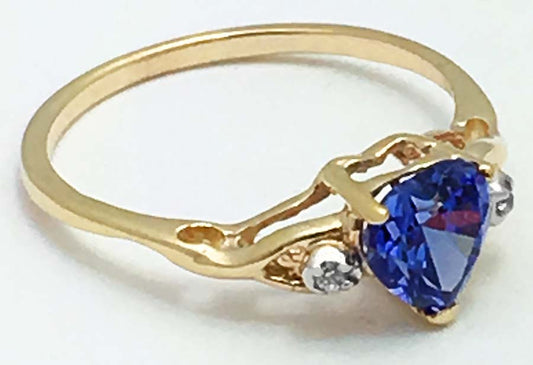 HEART TANZANITE - deep blue & DIAMONDS 10k Yellow Gold Ring image 0
