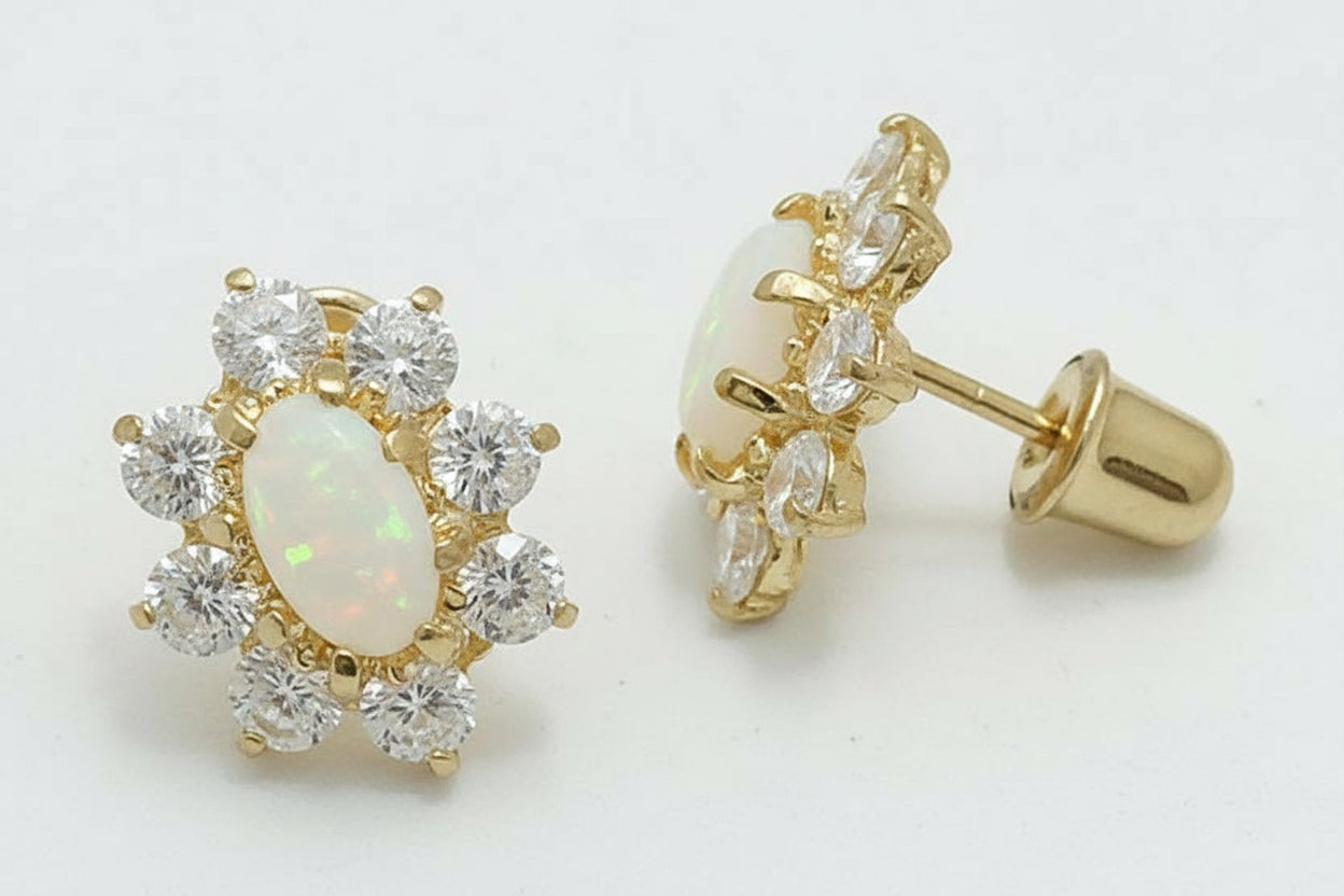 Genuine Australian OPALS & WHITE SAPPHIRE 14k Yellow Gold Screw Backs Earrings image 1