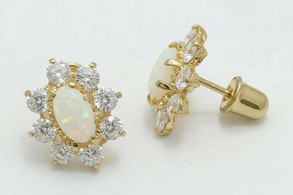 Genuine Australian OPALS & WHITE SAPPHIRE 14k Yellow Gold Screw Backs Earrings image 1
