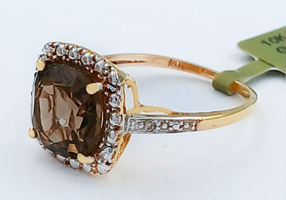 GENUINE 3.40 Cts SMOKY TOPAZ & DIAMOND RING 10k YELLOW GOLD image 4