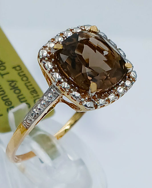 GENUINE 3.40 Cts SMOKY TOPAZ & DIAMOND RING 10k YELLOW GOLD image 0