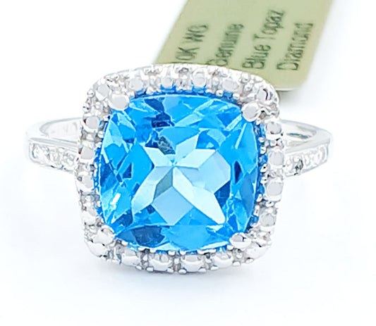 GENUINE 4.38 Cts BLUE TOPAZ & DIAMONDS RING 10K GOLD image 0