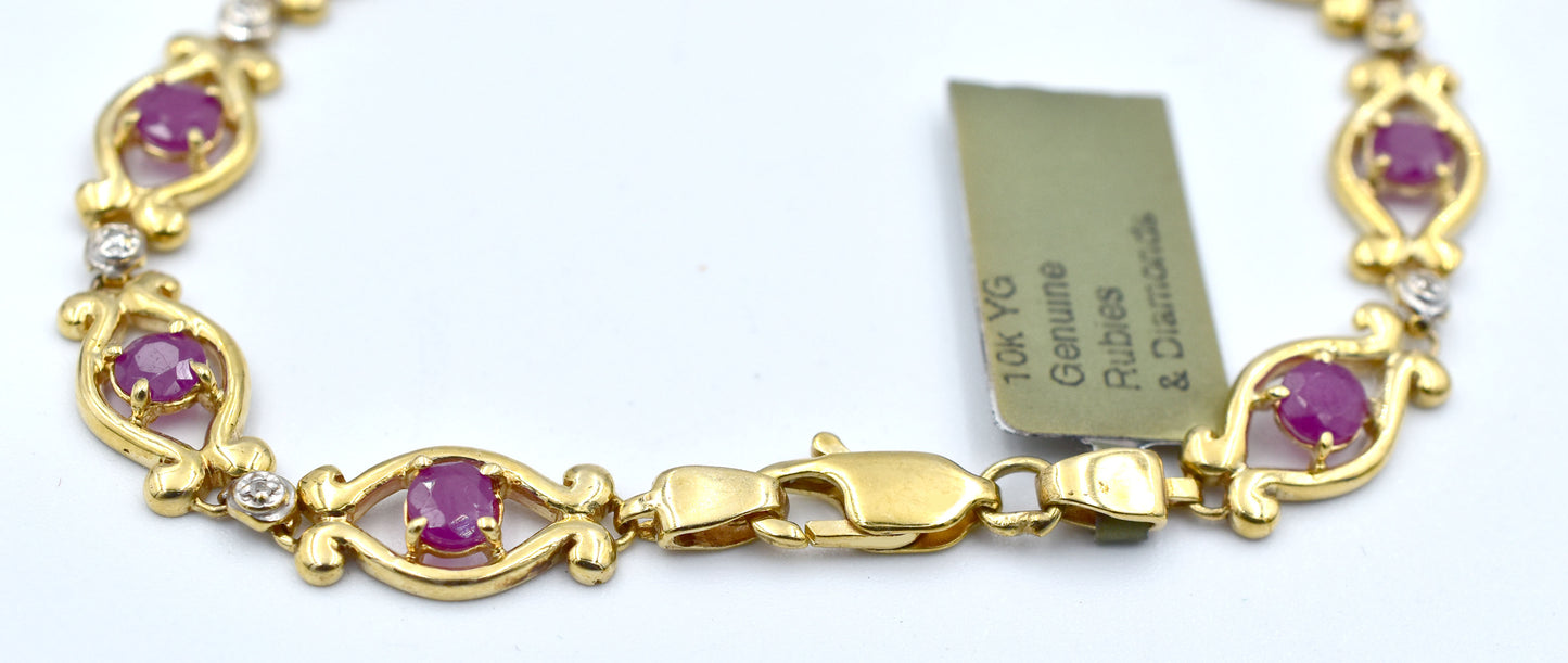 GENUINE 1.44 Cts RUBY & DIAMOND BRACELET 10k YELLOW GOLD image 1